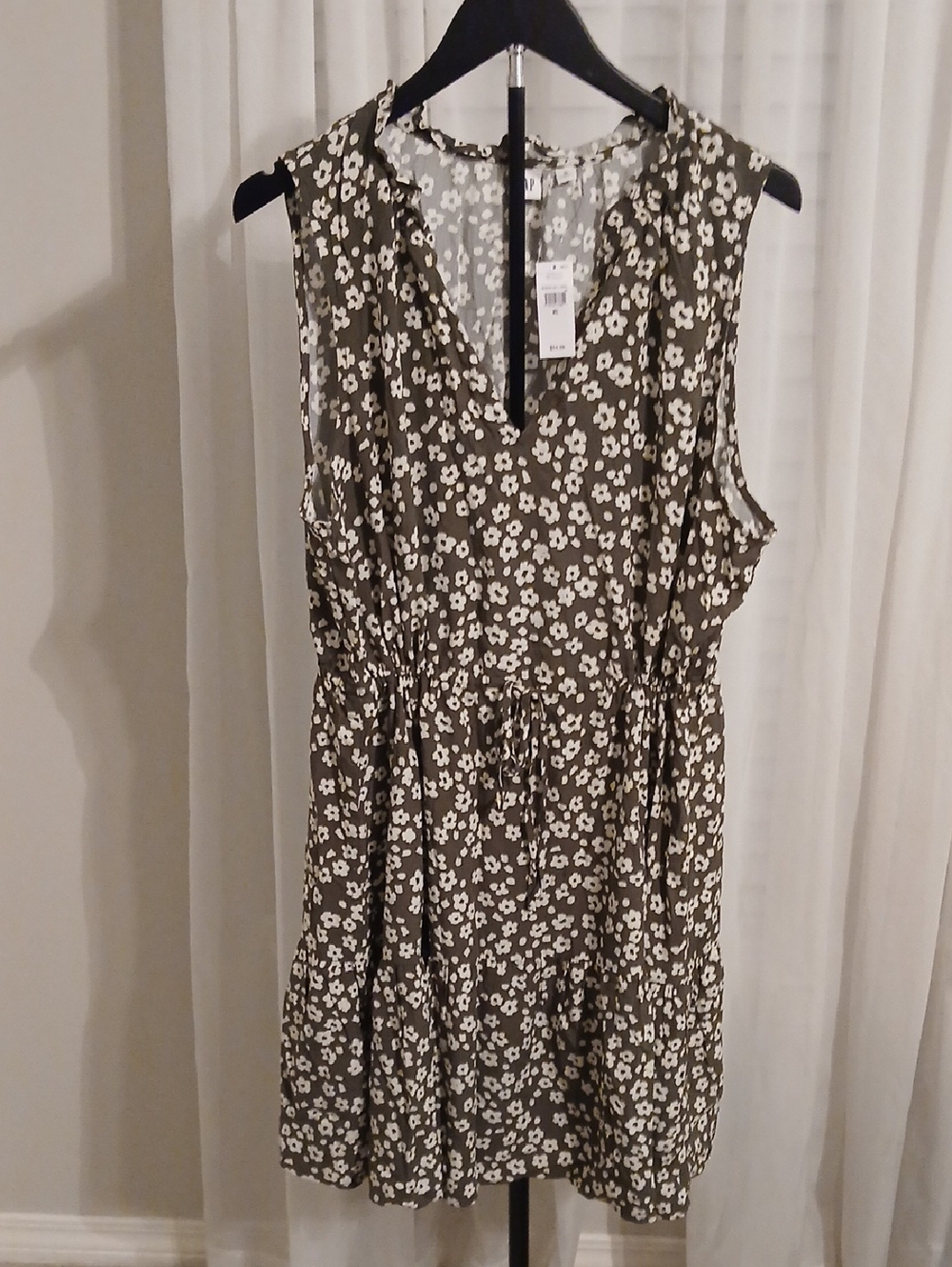 GAP Olive Green and White Floral Drawstring Mini Dress